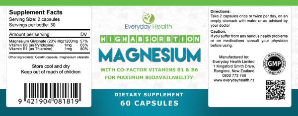 Magnesium Glycinate - High Absorption - 60 Capsules